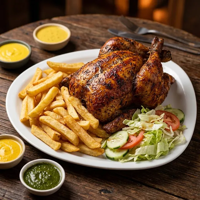 Pollo a la brasa entero con papas fritas y ensalada